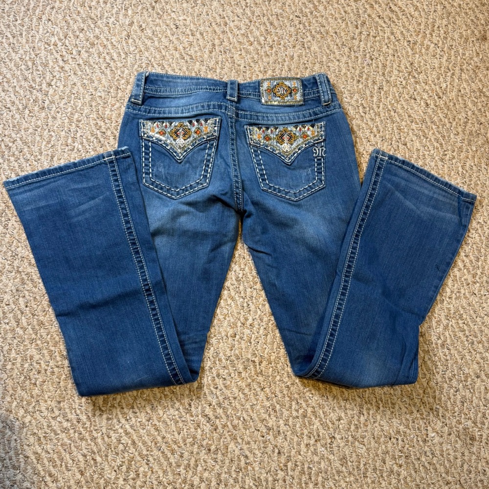 Miss Me Jeans Women Bootcut‎ Embellished Rhinestone Embroidered Pocket Denim 28